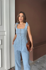 ŞANTUK KETEN YELEK GÖRÜNÜMLÜASKILI BLUZ - PANTOLON TK - Mavi - Görsel 2