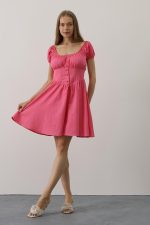 Beli Korseli Mini Elbise - Fuşya - Görsel 3