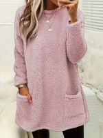 Kadın Uzun Kollu Yuvarlak Yakalı Cepli Peluş Bluz - Görsel 3