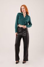 Saten Crop Model Yeşil Gömlek - Görsel 2