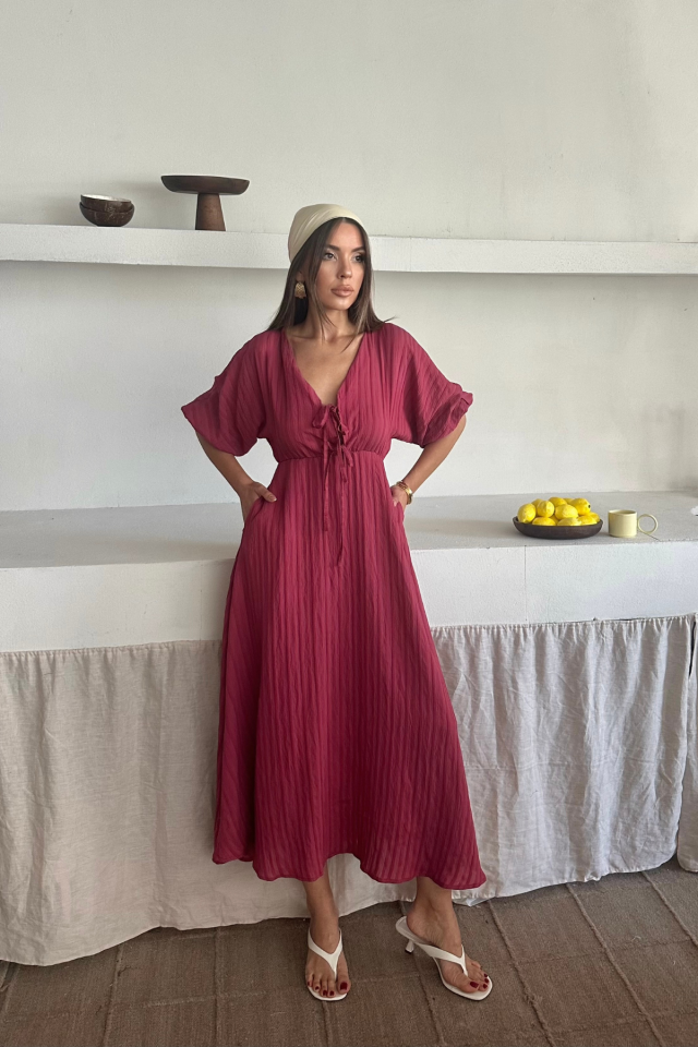 ebcc3a424570ad5d6134 V YAKA DÖKÜMLÜ ELBİSE - Pembe - Görsel 1