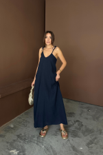 ASKILI UZUN SALAŞ MÜSLİN ELBİSE - Lacivert - Görsel 3