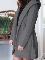 Kadın Uzun Kollu Belden Kuşaklı Kapşonlu Kısa Kaşe Kaban - Görsel 3