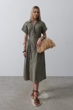 Önü Düğmeli Kısa Kol Elbise - Haki - Görsel 3