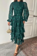 Zümrüt Valonlu Şeritli Kat Kat Elbise - Görsel 3