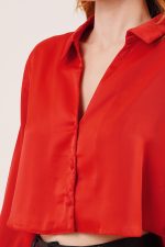 Saten Crop Model Kırmızı Gömlek - Görsel 3