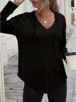 Kadın Uzun Kollu V Yakalı Kapşonlu Waffle Bluz