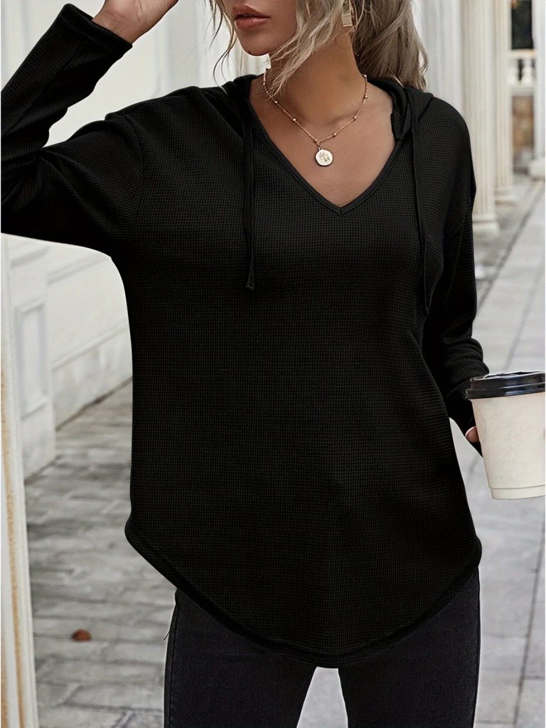 ed5ee3ac3f4ba4886120 Kadın Uzun Kollu V Yakalı Kapşonlu Waffle Bluz - Görsel 1