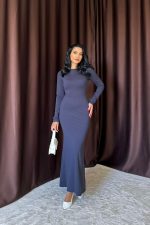 Lacivert Vücudu Saran Uzun Elbise - Görsel 2