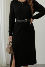 Kadın Uzun Kollu Bisiklet Yaka Yandan Yırtmaçlı Midi Triko Elbise - Görsel 2