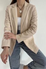 Bej Düğmeli Deri Ceket - Görsel 2