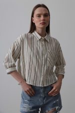 Çizgili Kısa Gömlek - Bej-Yeşil - Görsel 2
