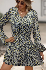 Kadın Uzun Kollu V Yaka çiçek Desenli Helen Kumaş Elbise - Görsel 2