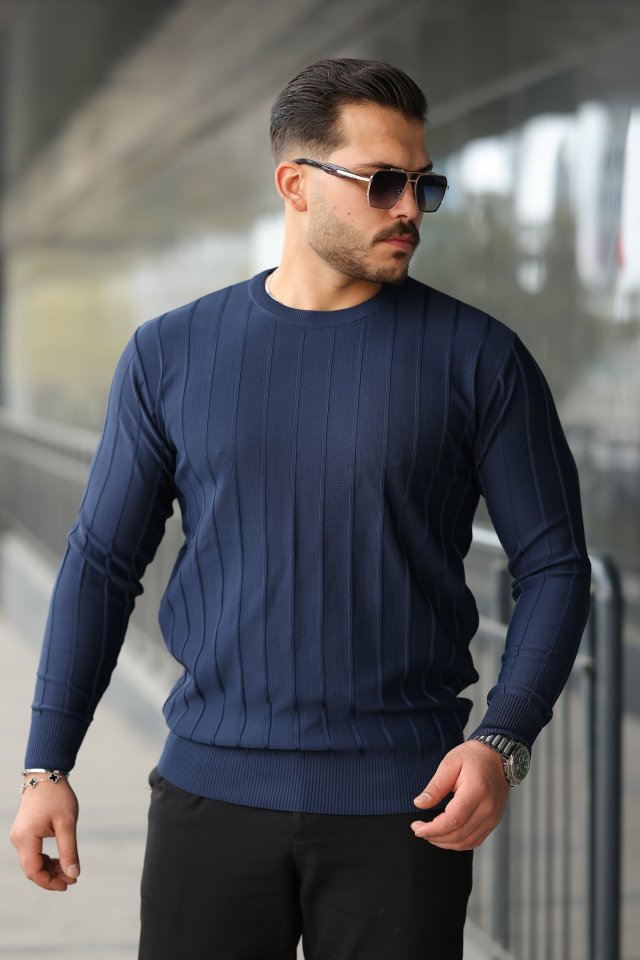 edf34aee427be2af8e9e0bb4b1d30f63 Erkek Bisiklet Yaka çizgi Kabartmalı Uzun Kollu Triko - Görsel 1