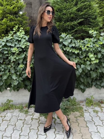 Kadın Kısa Balon Kollu Bisiklet Yaka Geniş Kesim Janjan Krep Elbise