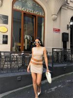 POLYVİSCON ÇİFT KEMER DETAYLI ELBİSE - Bej