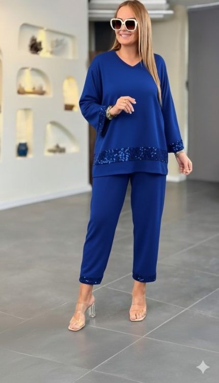 Kadın Uzun Kollu V Yakalı Pulpayet Viskon Iki Iplik Bluz Ve Pantolon Takım