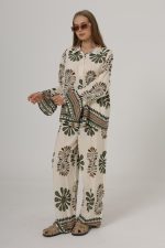 Desenli Kolları Volanlı Pantolon Takım - Haki - Görsel 2