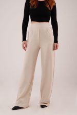 Yüksek Bel Bol Paça Krep Krem Pantolon - Görsel 2
