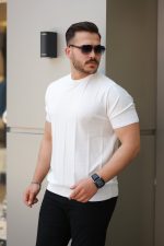 Erkek Desenli çizgi Kabartmalı Kısa Kollu Tişört