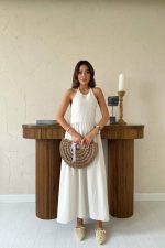 Bej Arkası Gipeli Keten Elbise - Görsel 2