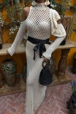 Saten Kuşaklı Ajurlu Triko Elbise 2847 - Görsel 3