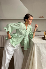 KETEN BLUZ ÖNDEN BAĞLAMALI FIRFIR DETAYLI - Yeşil - Görsel 3