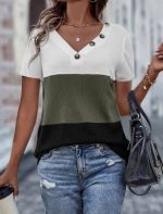 Kadın Kısa Kollu V Yakalı Düğmeli Waffle Bluz