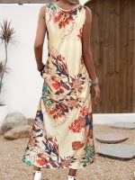 Kadın Askılı Yuvarlak Yaka Cepli Desenli Süprem Elbise - Görsel 3