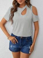 Kadın Kısa Kollu Tek Omuzu Açık Damla Detaylı Viskon Bluz - Görsel 2