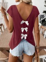 Kadın Kısa Kollu V Yakalı Arkadan Kurdele Detaylı Viskon Bluz - Görsel 3