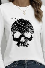 Kadın Uzun Kollu Bisiklet Yaka Kurukafa Desenli Viskon Bluz - Görsel 2