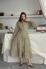 Çağla Çizgi Desenli Uzun Elbise - Görsel 3