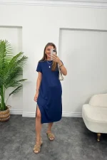 Kadın Kısa Kollu Yırtmaç Detaylı Salaş Viskon Elbise - Görsel 3