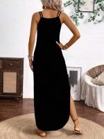 Kadın Askılı Yuvarlak Yaka Asimetrik Detaylı Viskon Elbise - Görsel 2