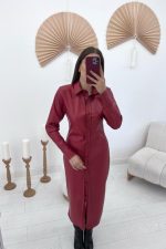 Kırmızı Boydan Düğmeli Deri Elbise - Görsel 2