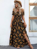 Kadın Kısa Kollu Madonna Yaka Yırtmaçlı çiçek Desenli Süprem Elbise