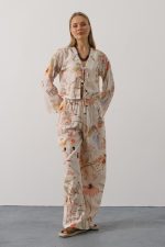 Çiçek Desen Önü Bağlamalı Pantolon Takım - Taş - Görsel 2