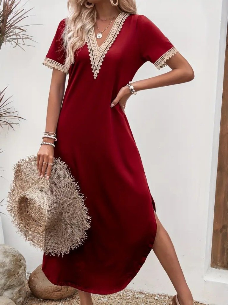 f634fc8ac7d9461e6f02 Kadın Kısa Kollu Dantel V Yakalı Uzun Viskon Elbise - Görsel 1