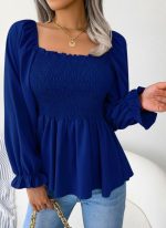 Kadın Uzun Kollu Geometrik Yakalı Gipe Detaylı Krep Bluz - Görsel 3