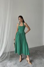 Yeşil Boyundan Bağlamalı Keten Elbise - Görsel 2