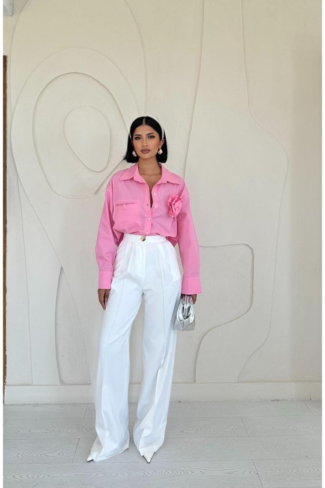 f6e59cec5700dea0bcbd Pembe Fleto Cepli Poplin Gömlek - Görsel 1