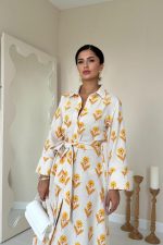 Bej Desenli Ve Önü Düğmeli Keten Elbise - Görsel 2