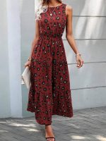 Kadın Kolsuz Bisiklet Yaka Beli Lastikli Desenli Süprem Elbise - Görsel 3