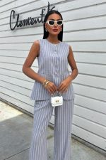 Çizgili Viscon Keten Yelekli Rahat Takım 10121 - Görsel 2