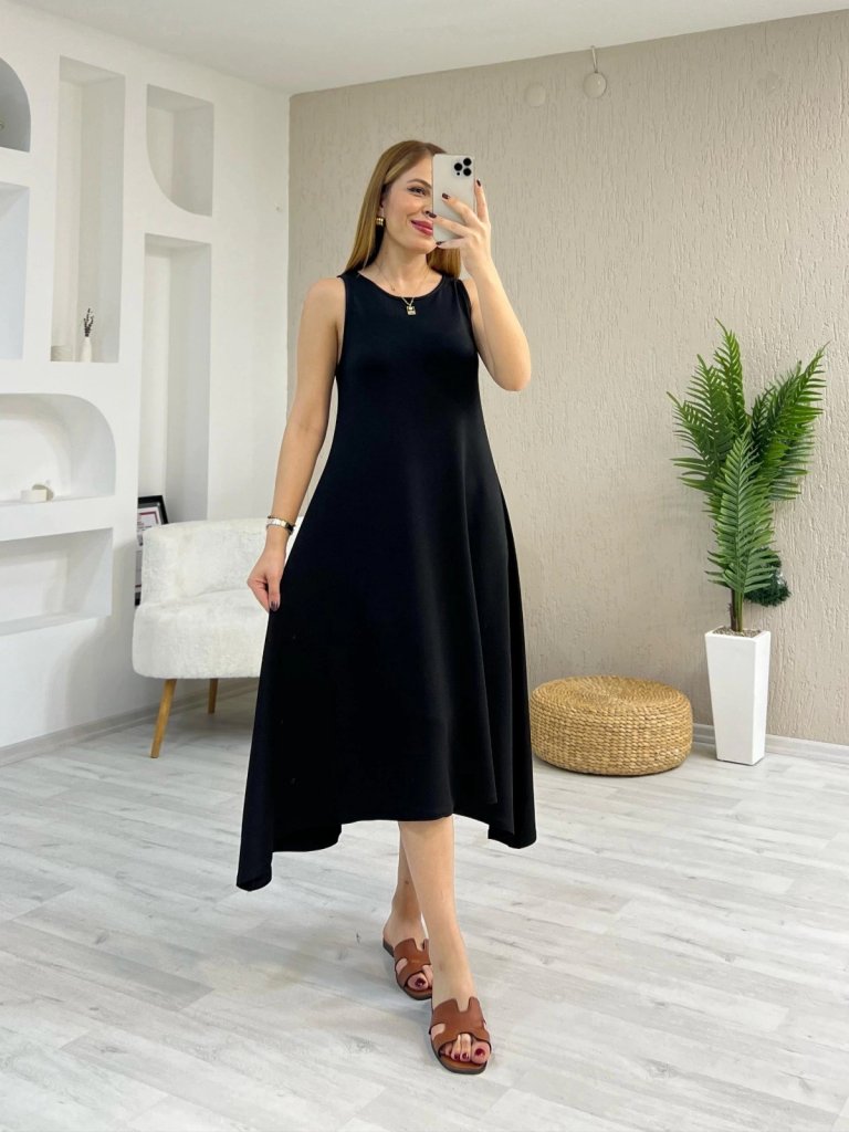 f88cf99d557573c5e266 Kadın Askılı Yuvarlak Yakalı Asimetrik Kesim Detaylı Viskon Elbise - Görsel 1