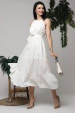 Ekru Halter Yakalı Kuşaklı Elbise - Görsel 3