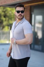 Erkek Ottoman Kumaş Apaj Yaka Kısa Kollu Gömlek - Görsel 2