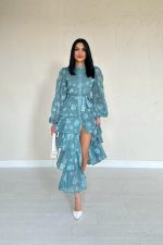 Mint Valonlu Şeritli Kat Kat Elbise - Görsel 3