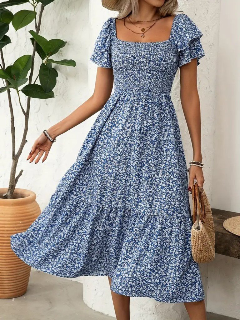 f9d7a7ffbc8c34c5746f Kadın Kısa Kollu Gipe Detaylı Desenli Midi Süprem Elbise - Görsel 1